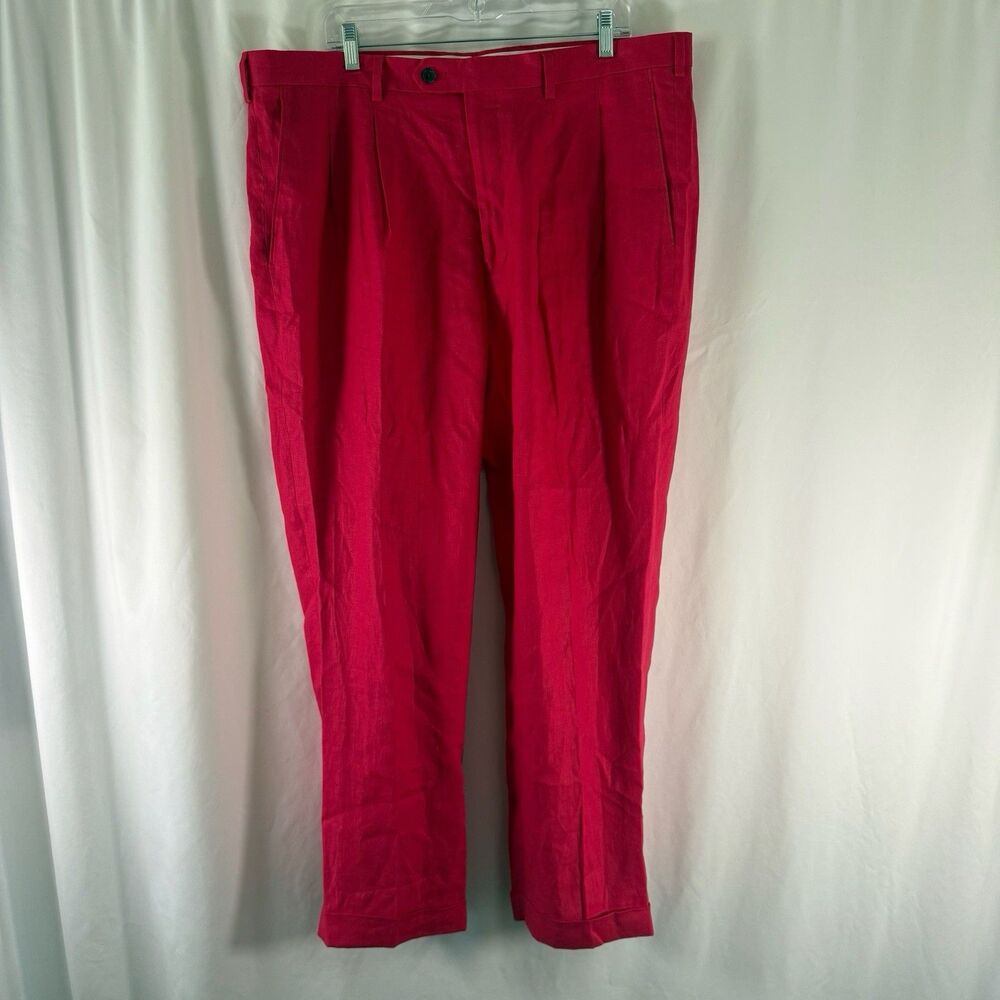 Paul Fredrick 100% Linen Pants Men's 40 Red Classic Fit Pleated Slash Pockets